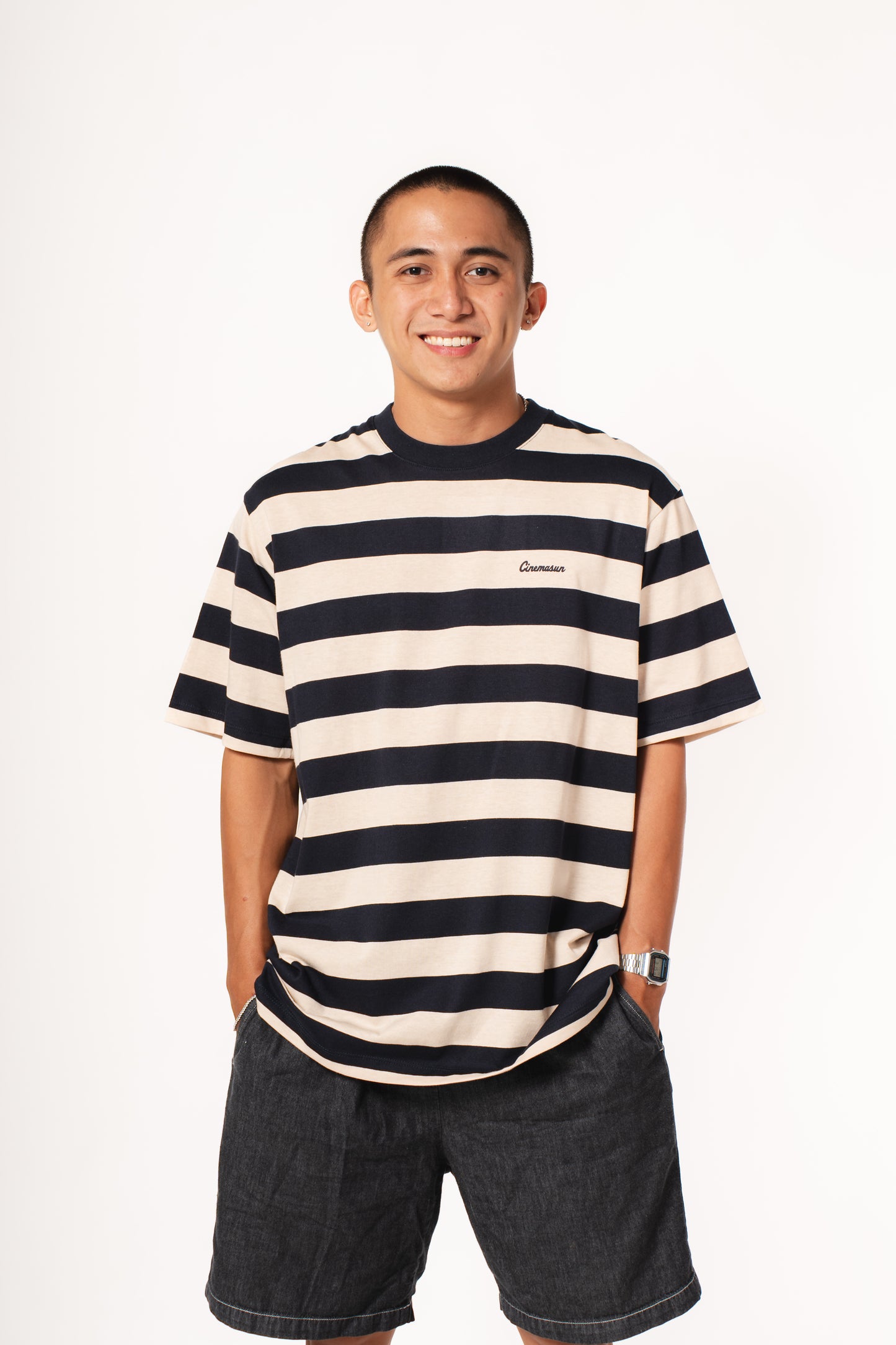 Wide Lines Cotton Stripes Tee - Navy & Oat